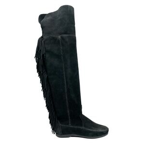 Minnetonka Women 6 Maige Over The Knee Boot Fringe Black Suede Moccasin Festival
